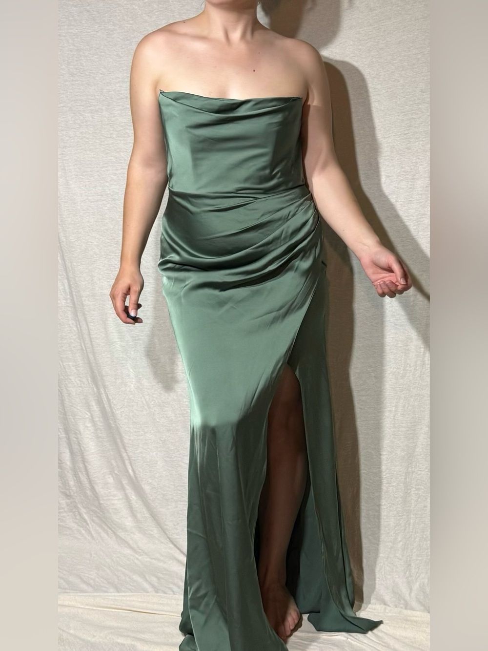 Azazie Leonis (Kendall & Kylie) Strapless Satin Gown in Sage Green